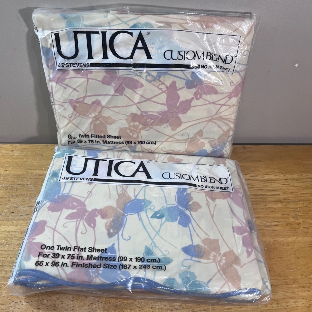Vtg Utica J.P. Stevens Twin Sheet Set Butterfly Breeze Blue Purple Cream NOS